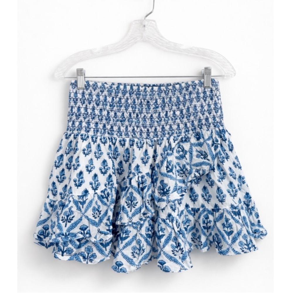 Madison Mathews Blue & White Floral Smocked Mini Skirt Medium